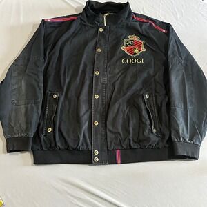 COOGI Bomber Jacket Mens 5XL Black Good Embroidered Crest Racing Stripes